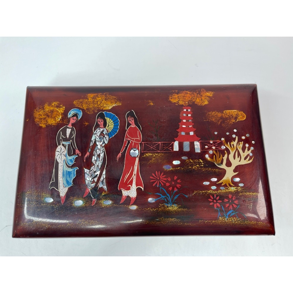 Chinese Japanese Black Lacquer Jewelry Dresser Trinket Box Mirror Lid